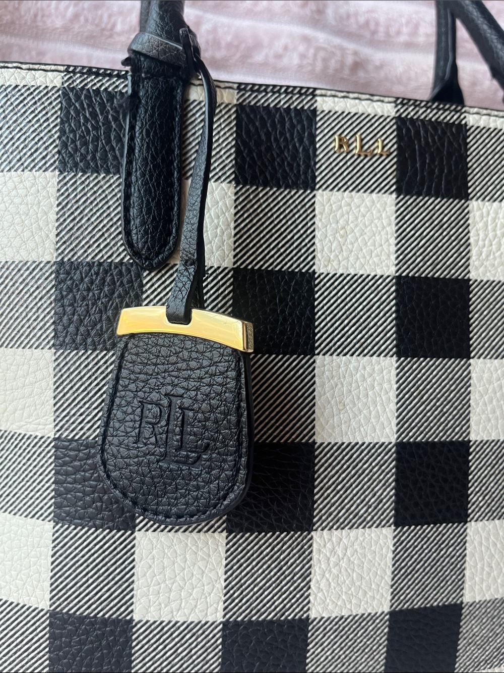 Ralph Lauren Black and White Check Tote Bag with Handles and Strap - Picture 2 of 13